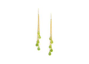 dangly earrings made from lime green teardrop shaped gemstones wire wrapped to vermeil chain