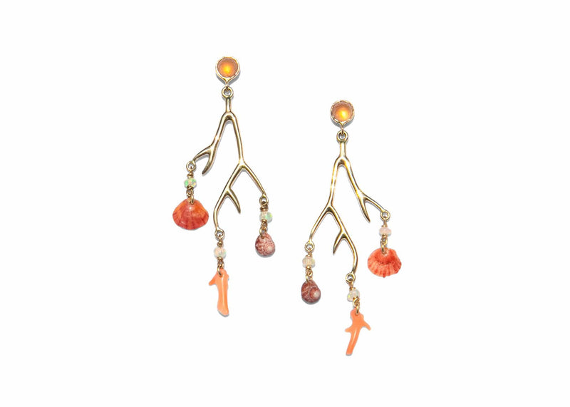 14k gold seaweed inspired earrings with found Hawaii shells and pink coral