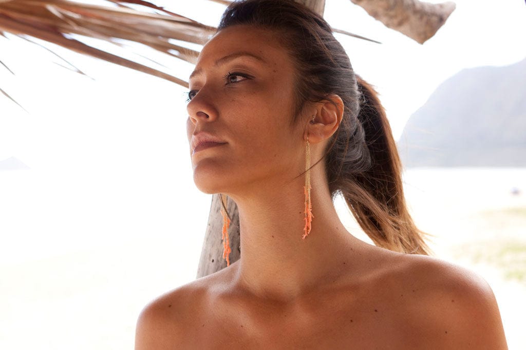 long dramatic statement earrings with pink branch coral