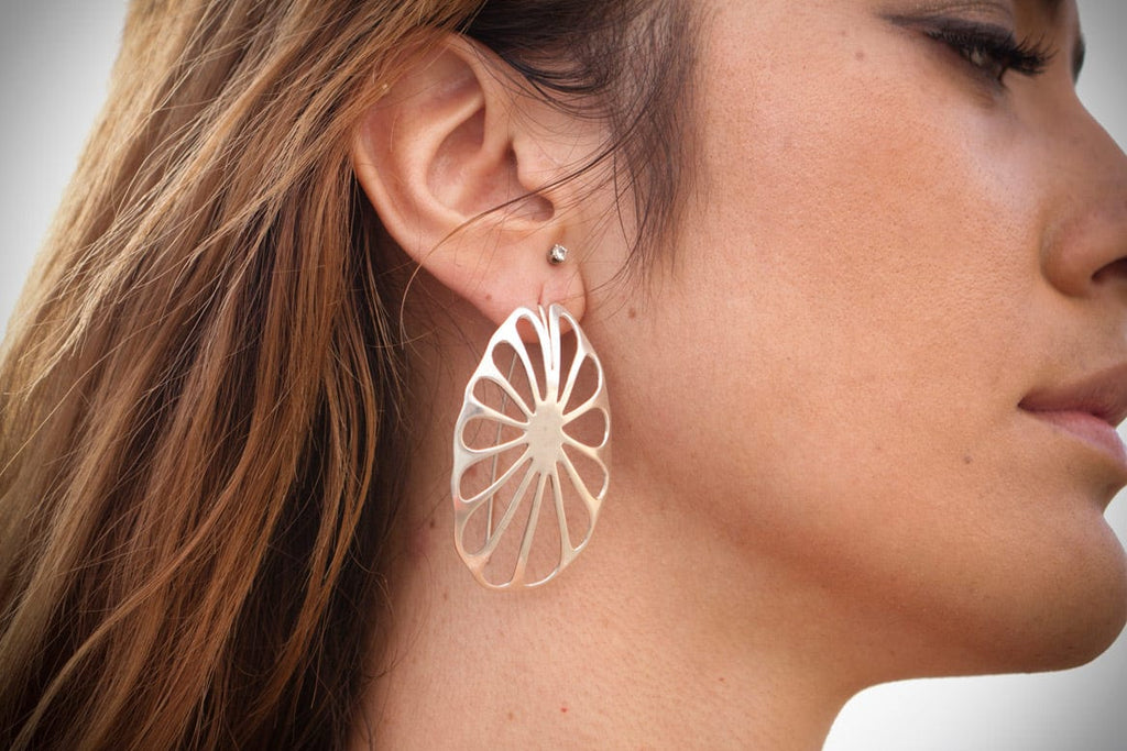 sterling silver lotus leaf earrings on model