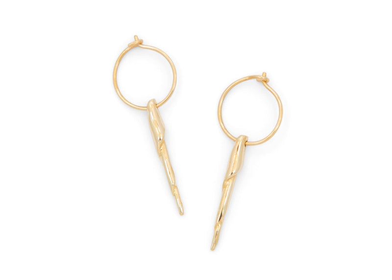 small gold hoop earrings with twisted shell spine dangle