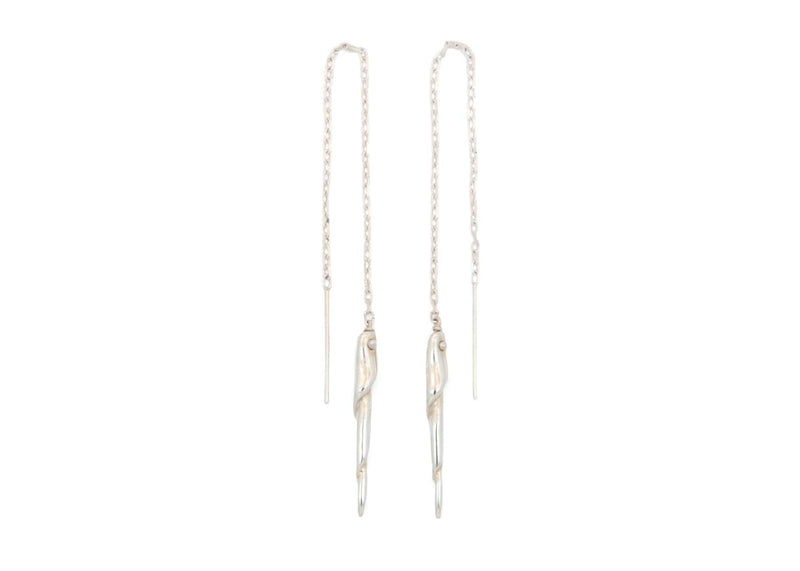 silver chain threader earrings with long thin twisted shell spine dangle