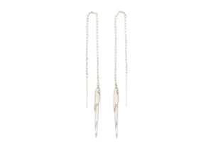 silver chain threader earrings with long thin twisted shell spine dangle