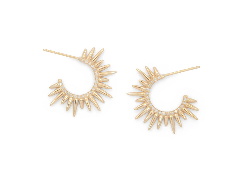 spiky yellow gold huggie earrings with diamonds