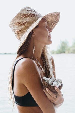 model wearing straw hat and long dangly earrings with white shells