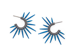 sea urchin ocean inspired earrings with royal blue powder coated spikes and oxidized sterling silver