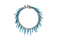 fringe bracelet with blue powder coated spikes and oxidized sterling silver chain