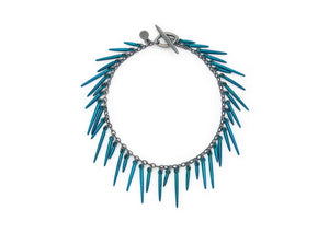 fringe bracelet with blue powder coated spikes and oxidized sterling silver chain