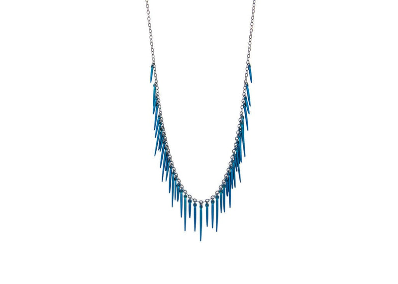 fringe style necklace with blue powder coated spikes and oxidized sterling silver