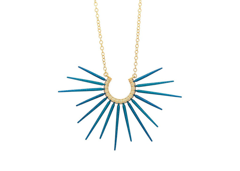 blue spiky necklace with gold chain