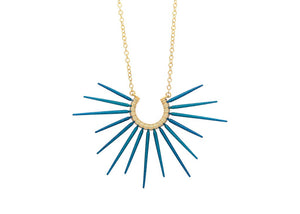 blue spiky necklace with gold chain