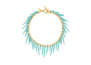 sea urchin inspired fringe bracelet with gold vermeil chain and seafoam blue powder coated spikes