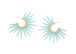 sea urchin inspired earrings with 14k gold vermeil and seafoam blue powder coated spikes