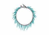 oxidized silver fringe bracelet with teal powder coated spikes