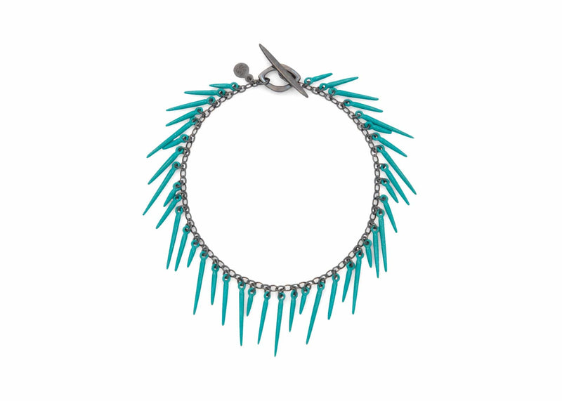 oxidized silver fringe bracelet with teal powder coated spikes