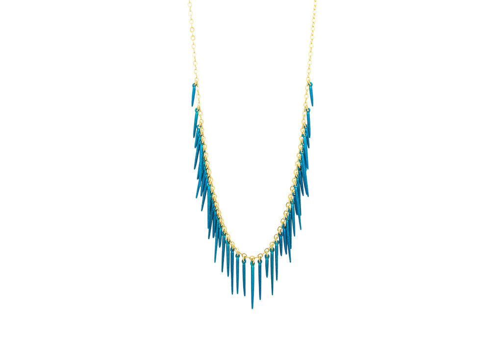 Sea urchin inspired 14k Gold Vermeil fringe necklace with powder coated blue spikes 