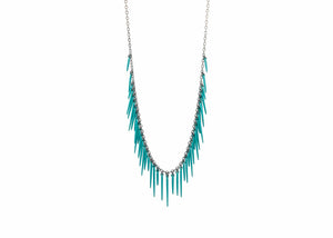 sea urchin inspired fringe necklace with oxidized silver chain and teal blue powder coated spikes