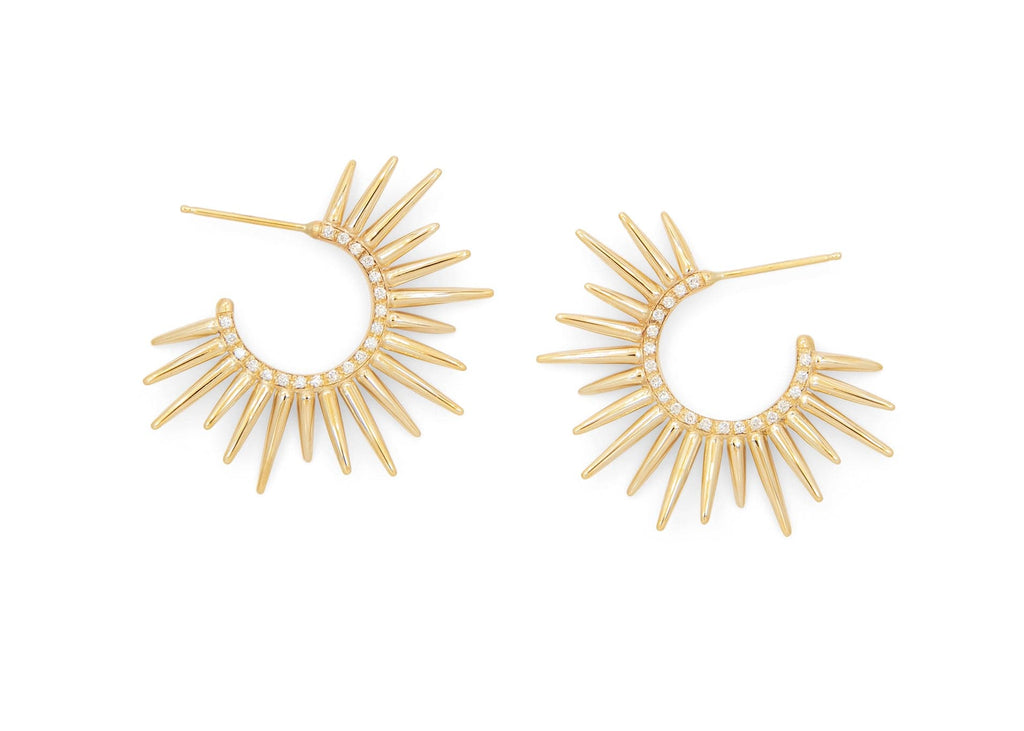 14k gold spiky hoop earrings with pave set diamonds