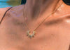 spiky 14k gold urchin necklace with diamonds on model
