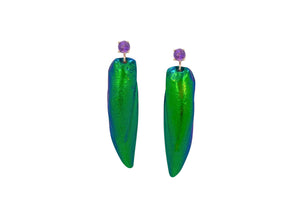 14k gold green scarab beetle wing earrings with amethyst