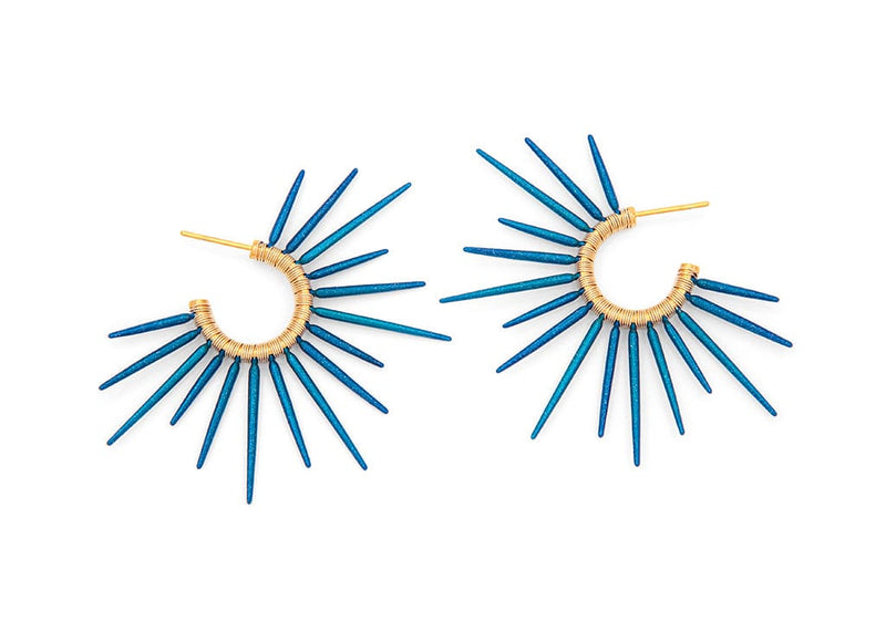 gold sea urchin earrings with blue powder coated spikes