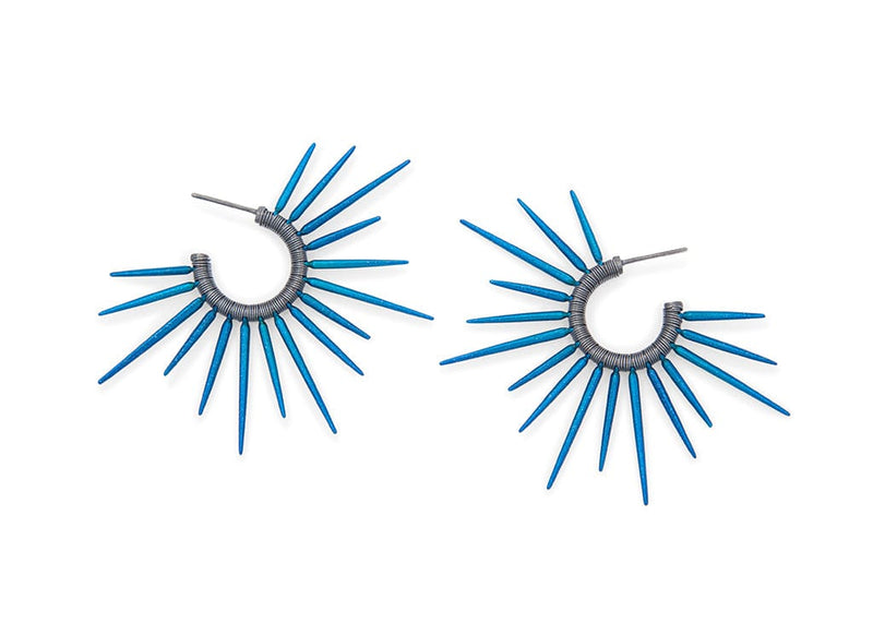 oxidized silver hoop earrings with blue powder coated spikes