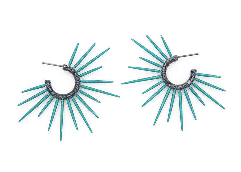 oxidized silver and teal spike hoop earrings