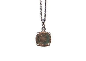 tab set ancient roman coin necklace with rose cut diamond