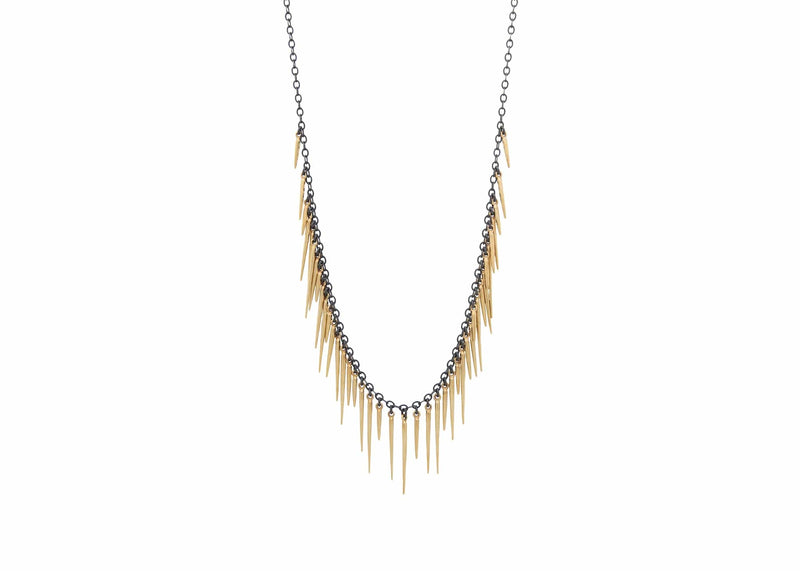 oxidized silver fringe necklace with solid 14k gold spikes