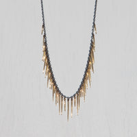 oxidized silver fringe necklace with solid 14k gold spikes