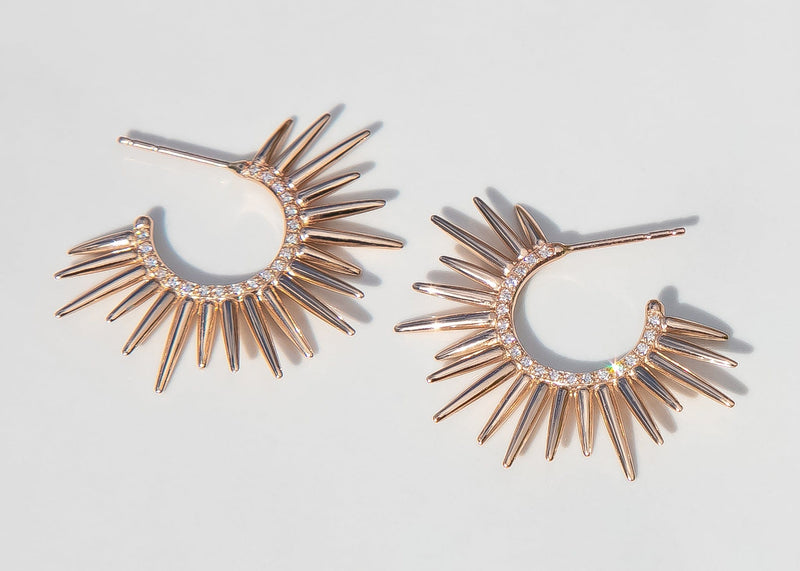 spiky 14k rose gold sea urchin inspired earrings with pave set diamonds