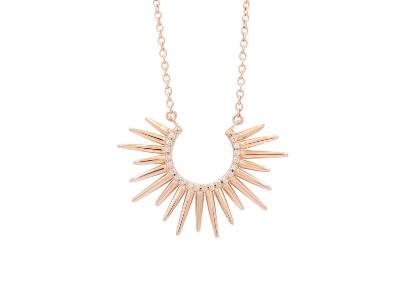 spiky 14k rose gold urchin necklace with pave set diamonds