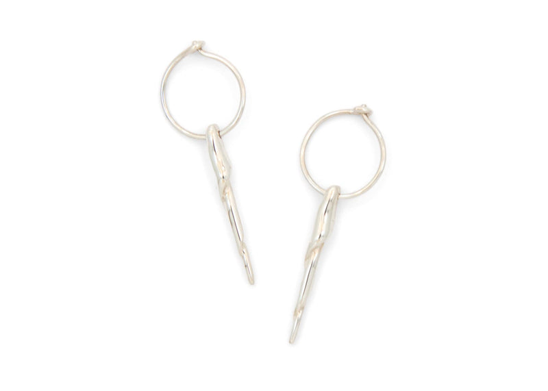 small silver hoop earrings with shell dangle