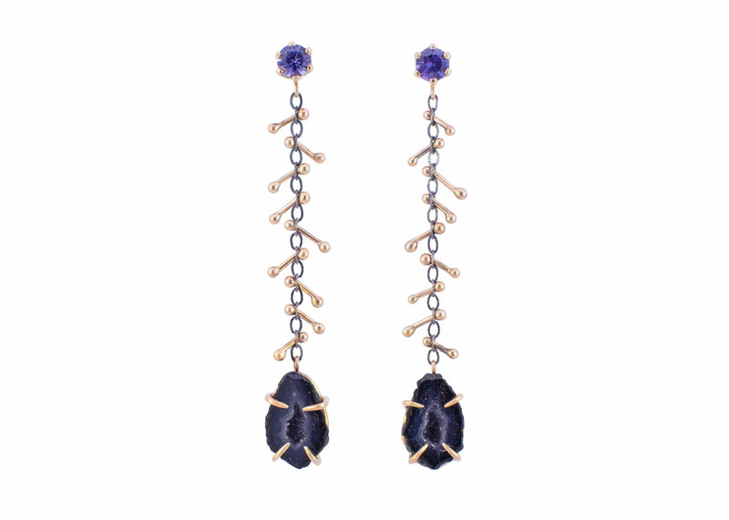 dangly earrings with black tabasco geodes gold barbells and purple sapphires