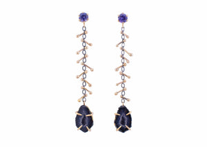 dangly earrings with black tabasco geodes gold barbells and purple sapphires