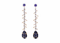 dangly earrings with black tabasco geodes gold pins in chain and purple sapphires