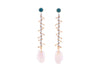 dangly earrings with gold pins in chain and teal sapphires and tabasco geodes in hand