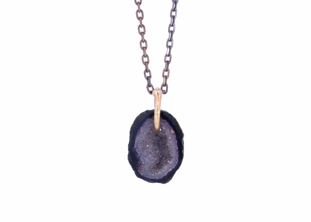 gray and black tabasco geode necklace on oxidized silver chain