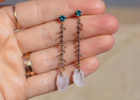 dangly earrings with gold barbells teal sapphires and tabasco geodes in hand