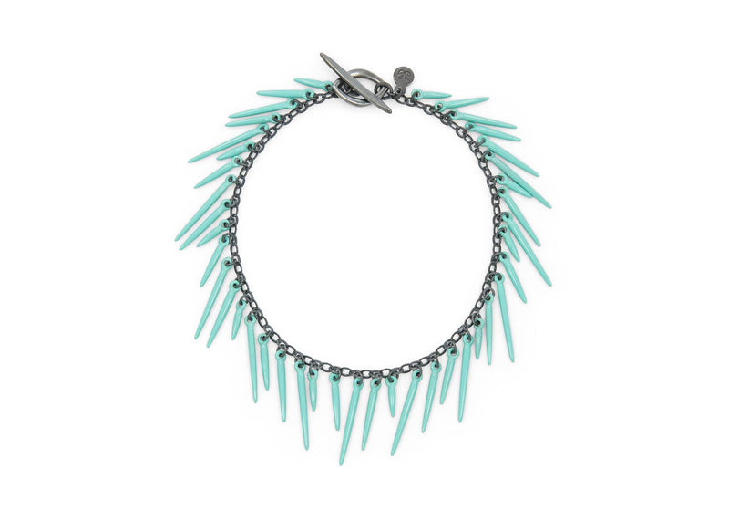 sea urchin inspired fringe bracelet with oxidized silver chain and seafoam blue powder coated spikes